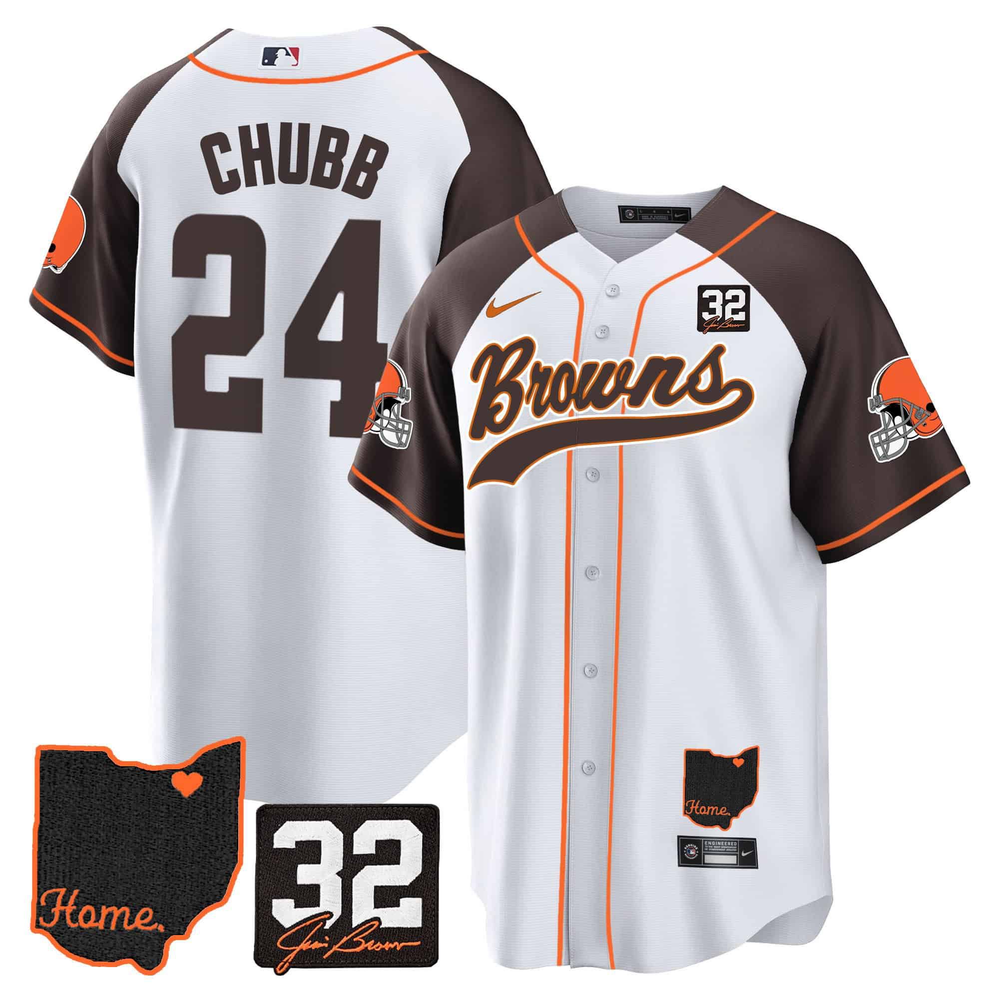 Men Cleveland Browns 24 Chubb White Memorial Home Patch Baseball 2024 Nike NFL Jersey style 1